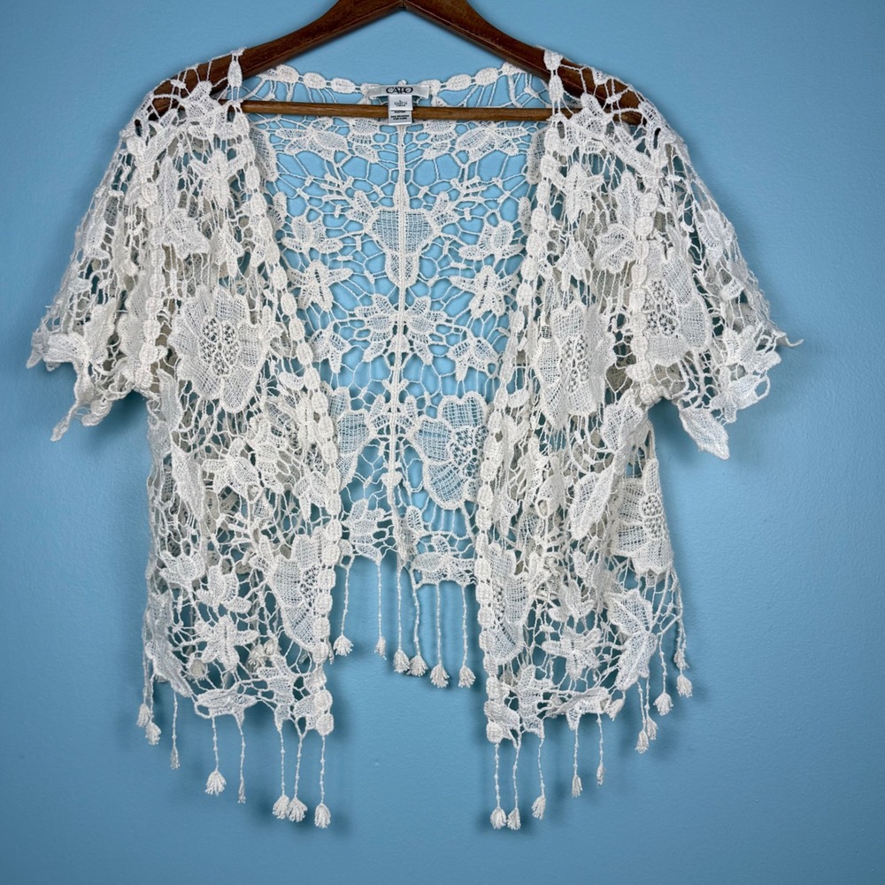 Cato White Floral Lace Shrug Cardigan Large Cotton Crochet Tassel Fringe Fairy